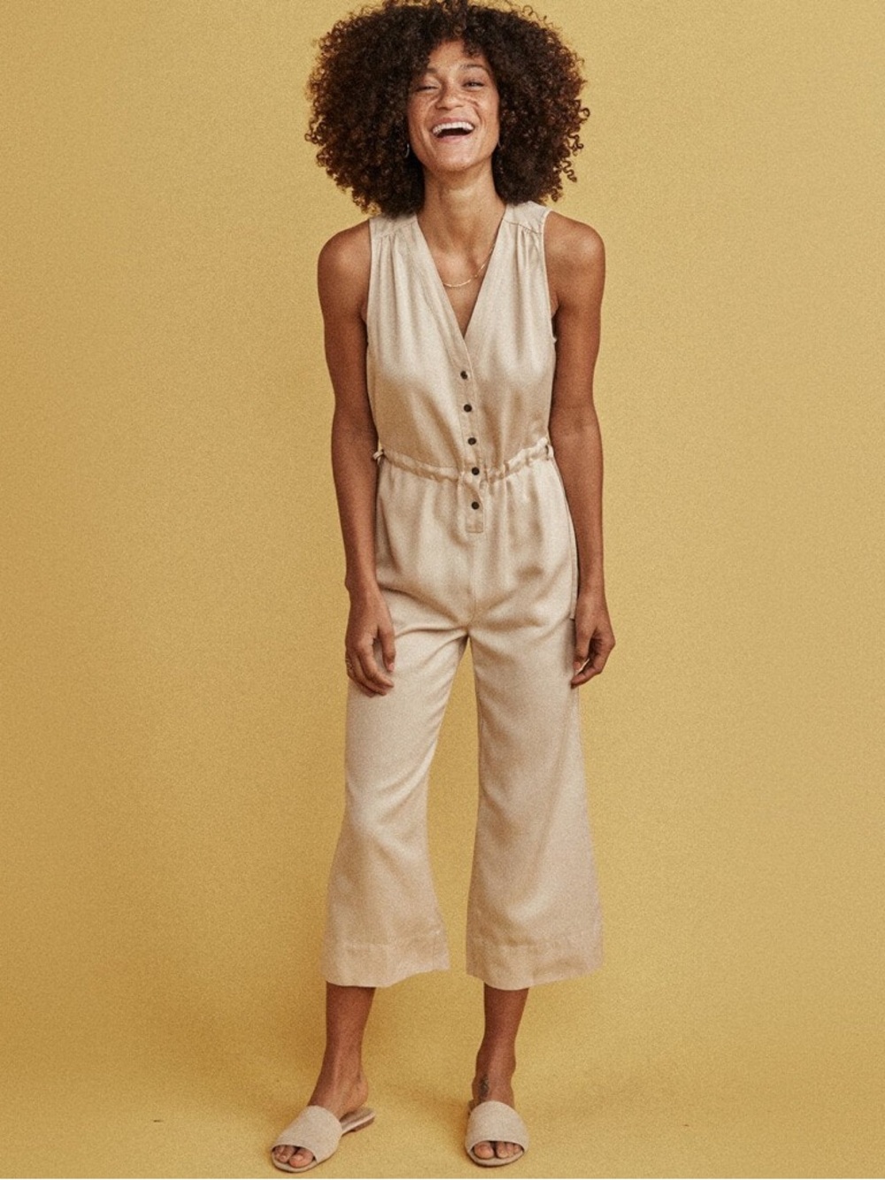 Marine Layer Katy Button-Front Jumpsuit in Tan with Drawstring Waist Large